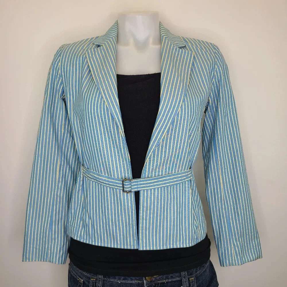 Express Vintage Y2K Pale Blue Yellow Striped Cotton Blazer Jacket 0